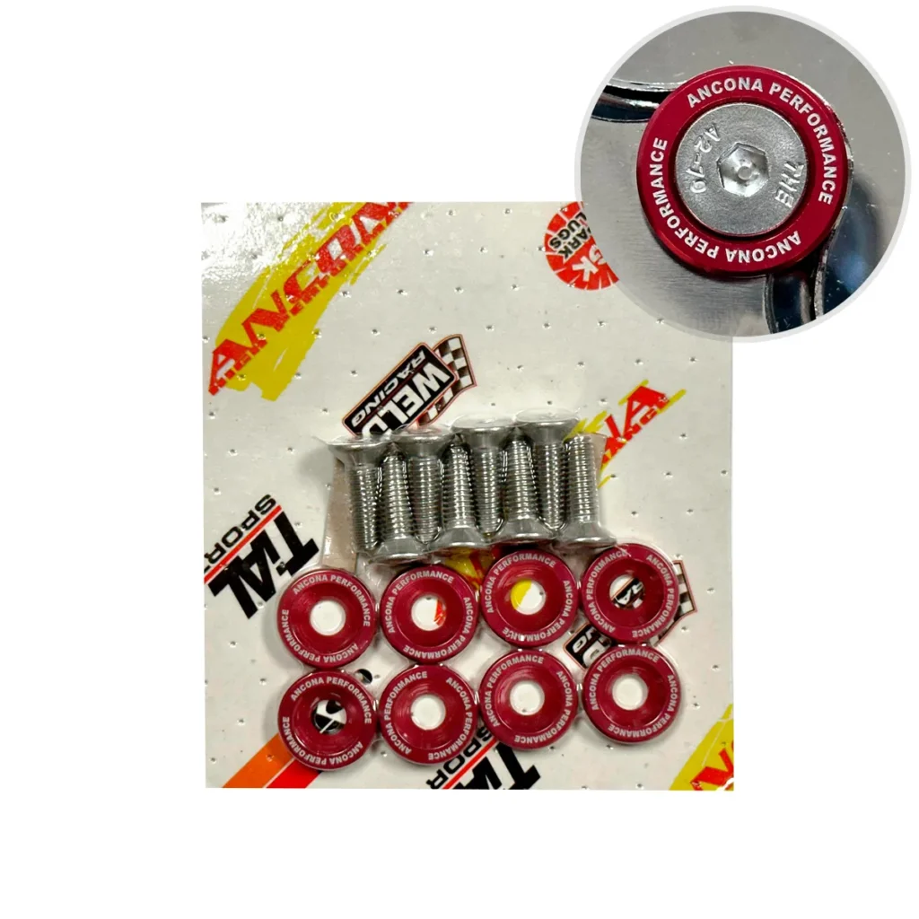 KIT ARRUELA DE ALUMINIO ANODIZADA COM PARAFUSO DE INOX ALLEN M6 COM CABEÇA 60° COR VERMELHA