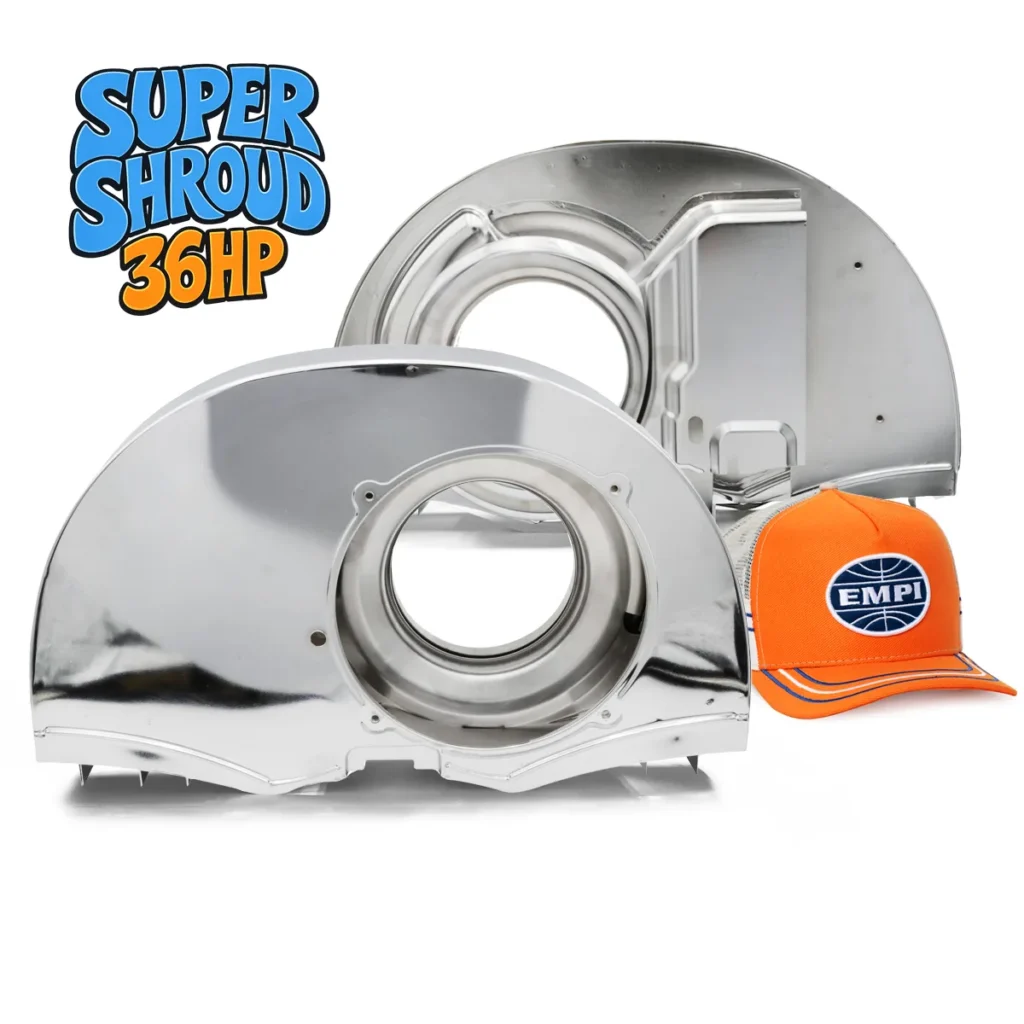 caixa da ventoinha EMPI Super Shroud — CAIXA DA VENTOINHA CROMADA EMPI SUPER SHROUD 36HP (RADIADOR DESLOCADO) DE ALTO FL