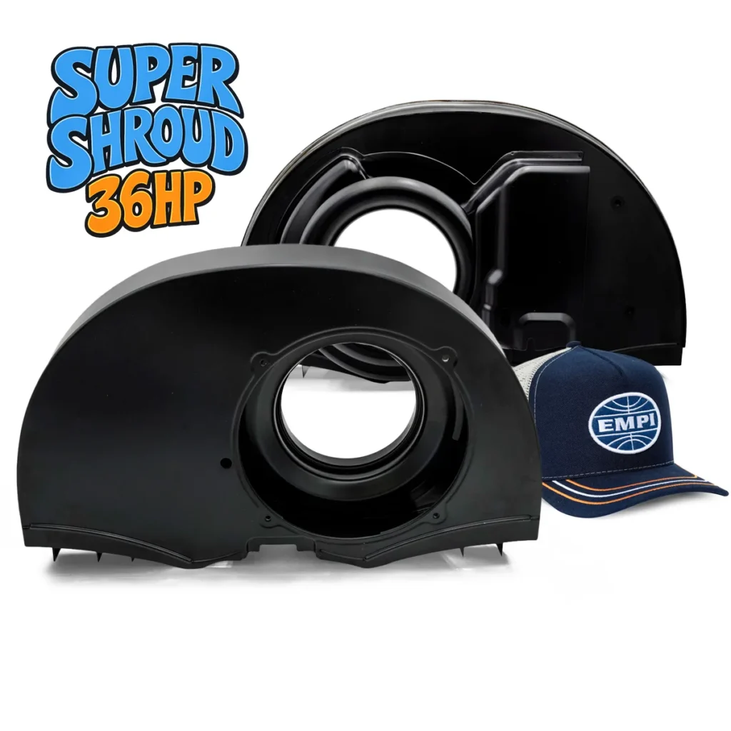 caixa de ventoinha EMPI Super Shroud — CAIXA DA VENTOINHA PRETA EMPI SUPER SHROUD 36HP (RADIADOR DESLOCADO) DE ALTO FLUX