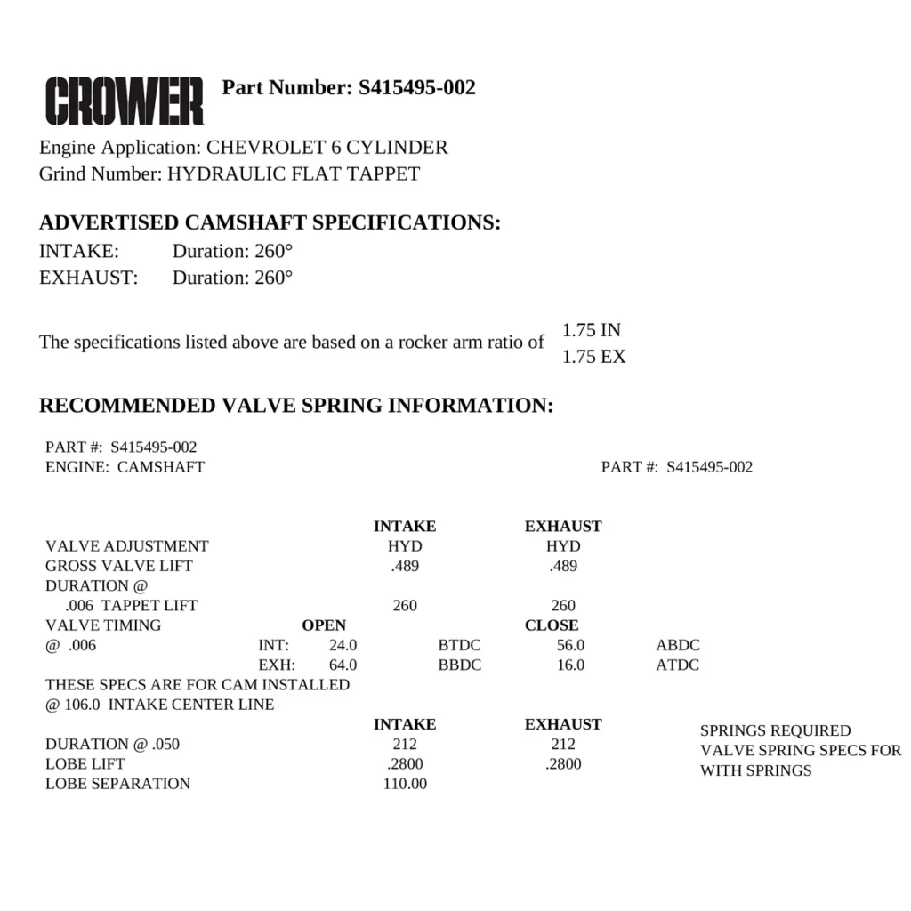 COMANDO DE VALVULAS HIDRAULICO CROWER PARA GM OPALA 6 CIL ( 260X260 /.489 X .489 X 110 )