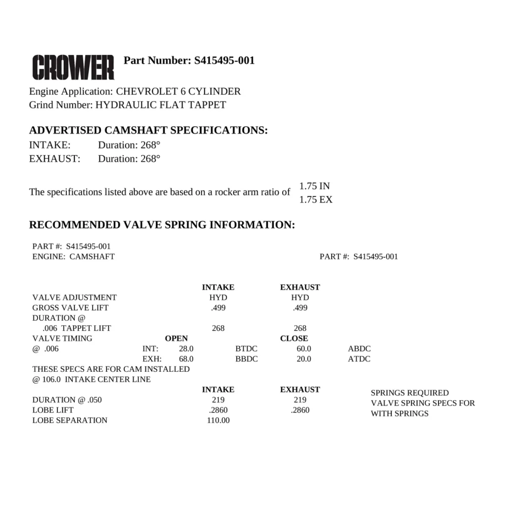 COMANDO DE VALVULAS HIDRAULICO CROWER PARA GM OPALA 6 CIL ( 268 X 268 / .499 X .499 X 110 )