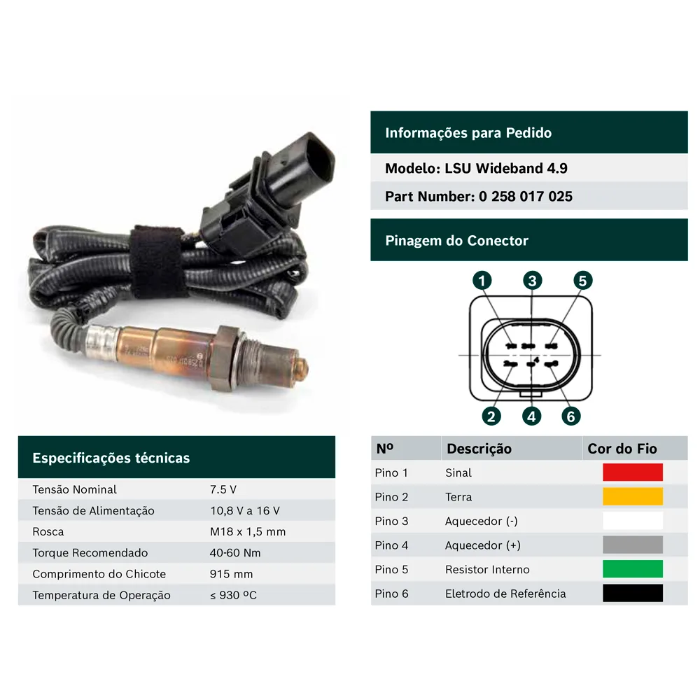 SONDA LAMBDA ORIGINAL BOSCH 5 FIOS LSU 4.9 WIDE BAND #0258.017.025