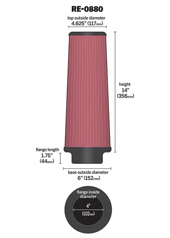 FILTRO ESPORTIVO CONICO K&N PARA FORD TROLLER RE-0880 DIÂMETRO INTERNO DA BOCA 4 OU 102 mm — FILTRO ESPORTIVO CONICO K&N